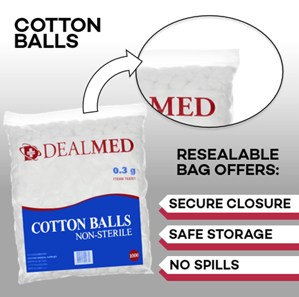 Dealmed Cotton Balls Non-Sterile Conveniently Packed in Zip-Locked Bag, 1000 Count (Pack of 1) : Industrial & Scientific