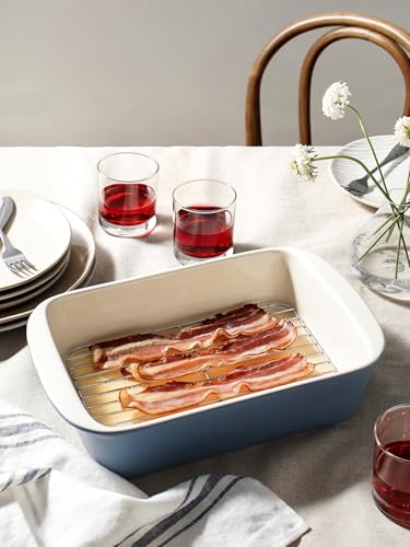 Image of LE TAUCI Deep Casserole Dishes for Oven, 13.7 inchx9.6 inch Ceramic Baking Dish Set with Roasting Racks, Large Lasagna Pans with Handles, Rectangular Bakeware as Gift for Mom, Dusty Blue (4.6QT /3.0QT /1.6QT), Set of 3