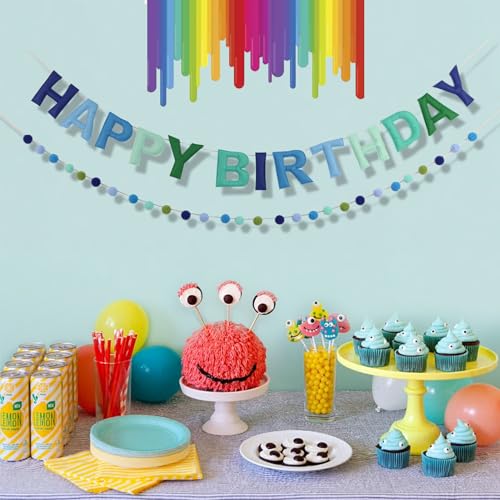 Image of 2 PCS Pre-Strung 3D Felt Happy Birthday Banner - Reusable Blue and Green Happy birthday Decorations Sign,Handmade Wool Felt Ball Garland, Pom Pom Garland, Party Decor, Photo Prop