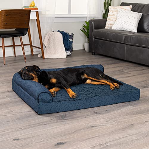 Image of Furhaven Cooling Gel Dog Bed for Large Dogs w / Removable Bolsters & Washable Cover, For Dogs Up to 95 lbs - Plush & Almond Print L Shaped Chaise - Blue Almonds, Jumbo /XL