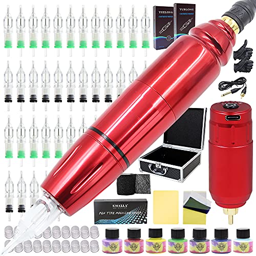 Tattoo Machine Pen Kit - Yuelong Tattoo Kit Tattoo Pen with Wireless Tattoo Power Supply 40pcs Tattoo Needles Cartridges Tattoo Tape Tattoo Ink Tattoo Accessories Fake Skin with Case Tattoo Supplies