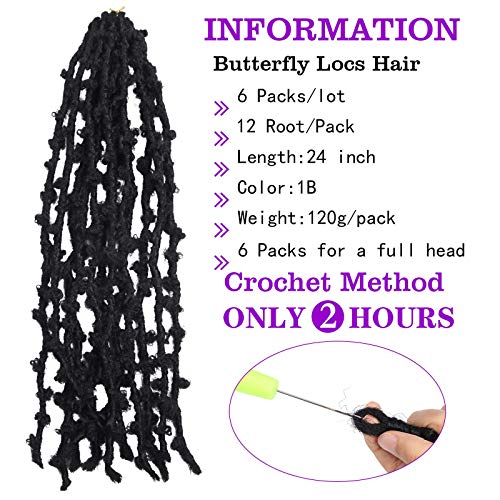 Bileaf 6 Packs Butterfly Locs Hair 24 Inch Pre Looped Crochet Distressed Butterfly Locs Crochet Braids Soft Messy Butterfly Locs Crochet Hair For Black Women Distressed Locs Hair Extensions(1B) #TOP1