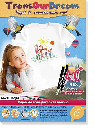 TransOurDream- Papel de Transferencia Térmica Para Tejidos Claros,Los padres y niños pueden pintar juntos para divertirse mucho（A4x10 Hojas, No se necesita imprimir, ES-2-4.0-10