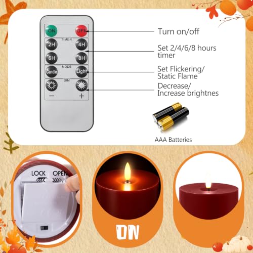 Image of Retisee 3 Pcs 6 /8 /12 Inches Flameless LED Candles with Remote and 2 /4 /8h Timer Wine Red Orange Yellow Battery Operated Wax Flickering Candles for Fall Parties Autumn Thanksgiving Harvest Festival