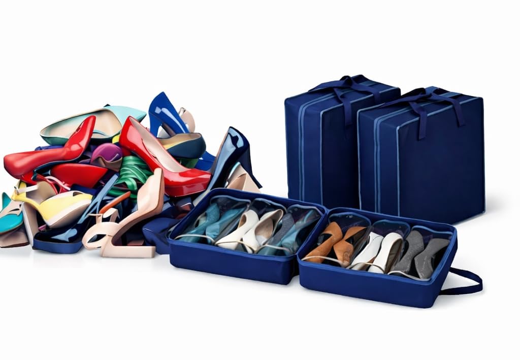 Foldable Travel Shoe Organiser Bag for 6 Pairs, Navy Blue, Transparent Compartments, Zipper & Handles, 43x32x20 cm-image-28