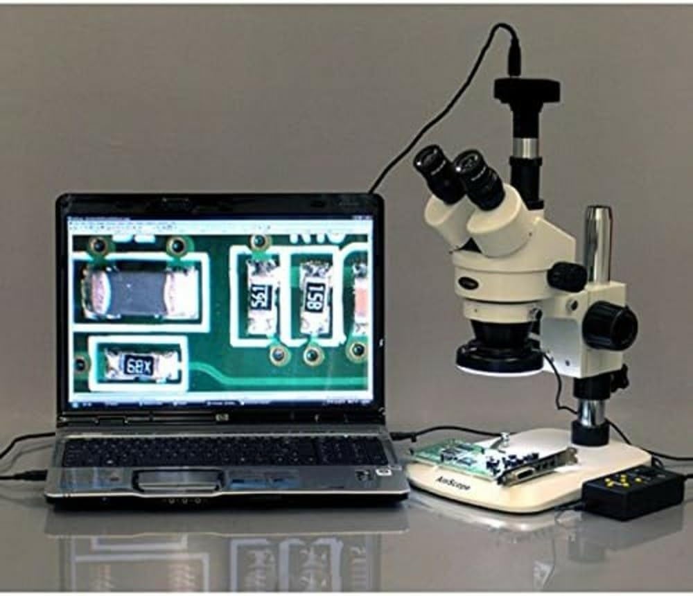 AmScope - Microscopio estéreo Zoom 3,5X-90X con cámara de 10MP + luz 4 Zonas 144 LED