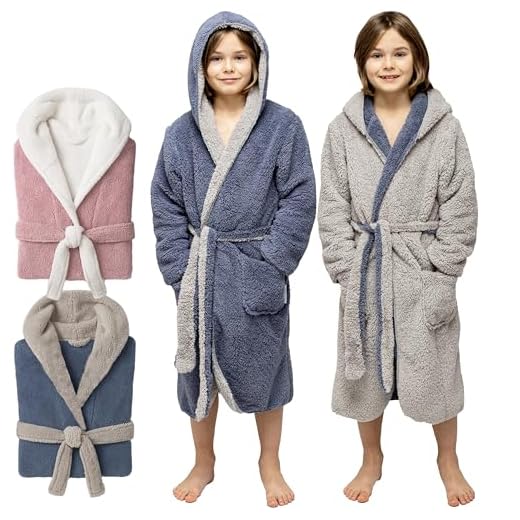 CalmyLIFE Bademantel Kinder Mädchen Jungen - mit Wendefunktion und Kapuze Teenager kuschelige Bademäntel für Jungs Kinderbademantel (146/152 Dunkelblau/Hellgrau)