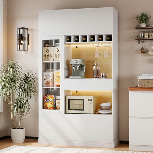 iPormis 69" Tall Kitchen Pantry Storage Cabinet with LED Light & Outlet, Kitchen Hutch with Glass Door & Wine Rack & Microwave Stand & Adjustable Shelf, Coffee Bar Hutch with Countertop, White
