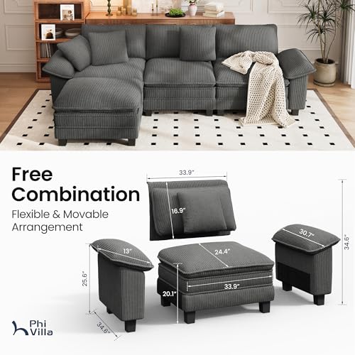 Image of PHI VILLA Cloud Modular Couch Sets, 123.6 inch Sectional Sofa with L-Shaped Chaise, 4-Seater Upholstered Couches with MCorduroyovable Ottoman for Living Room, Corduroy Fabric, Grey