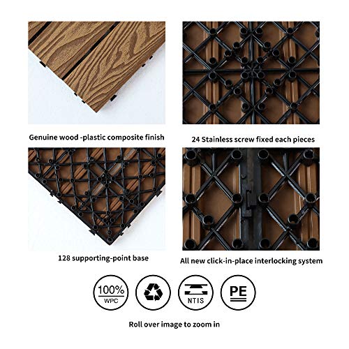 PANDAHOME 22 PCS Wood Plastic Composite Patio Deck Tiles, 12”x12” Interlocking Deck Tiles, Water Resistant for Indoor & Outdoor, 22 sq. ft - Khaki 3D (22, Khaki)