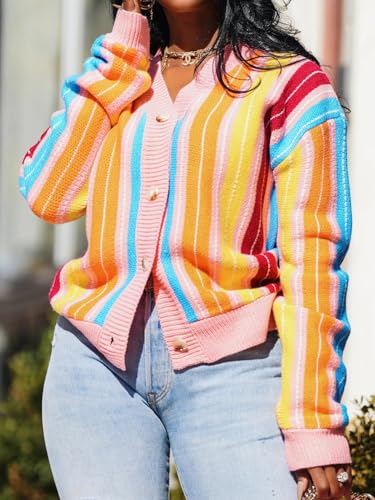 HOULENGS Women's Casual Long Sleeve Rainbow Striped Cardigan Sweaters V Neck Button Down Color Block Knit Loose Sweater Coat4