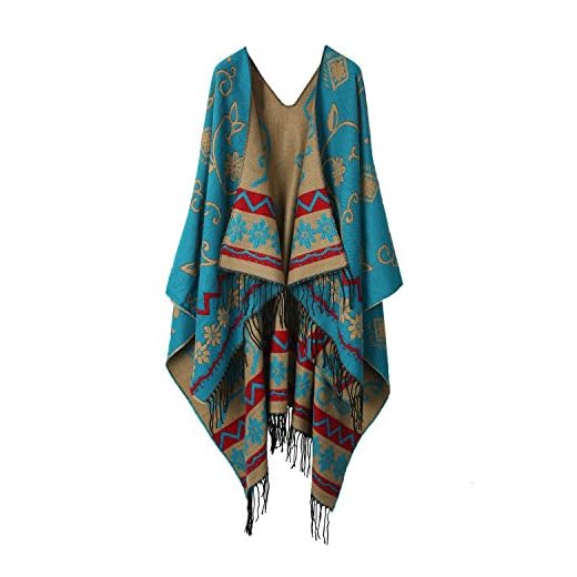 LATH.PIN Femme Manteau Cape Echarpe Epaisse Poncho Foulard Chaud Hiver avec Franges (135 * 170,Bleu)