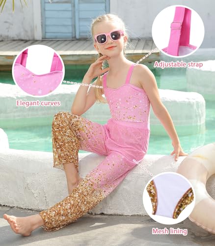 Cutemile 6-12Y Girls One Piece Swimsuit with Cover Up Pants Kids 2 Piece Bathing Suit3