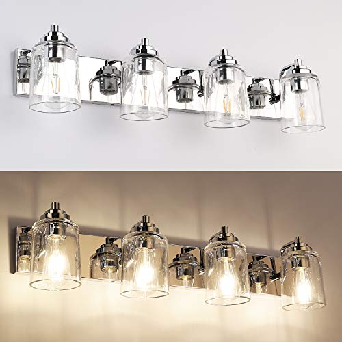 SOLFART Vintage Chrome Bathroom Vanity Light Fixtures Over Mirror Gloss Chrome Crystal Glass Globe 4 Lights exclude Bulbs(32 inch) - Thumbnail 5