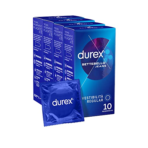 Durex Settebello Jeans Regular (56 Mm), Forma Serbatoio Easy-On, 4 Confezioni, 40 Profilattici, Vestibilità Regular
