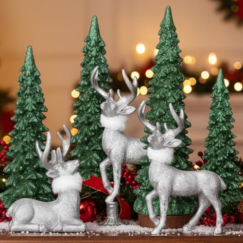 Kathfly 7 Pcs Silver Reindeer Christmas Trees Resin Figurines Decor Glitter Reindeer and Christmas Trees Statue for Table Centerpiece Mantel Home Office Desk Holiday Xmas Tabletop Decorations