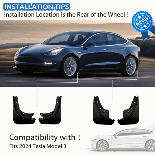 Image of Mud Flaps Compatible with Tesla Model 3 Highland 2024 No Drilling No Tape All Weather Mudguards Splash Guards with Install Kit for Model 3 Exterior Accessories Set of 4