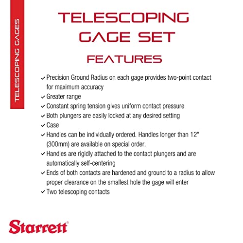 Starrett Telescoping Gage Set, Self-Centering With Two Arms - For Determining True Size Of Holes, Slots, Recesses - 5/16" - 2-1/8" Range, 2-3/8" - 12" Handle Length - S579Gz #TOP1