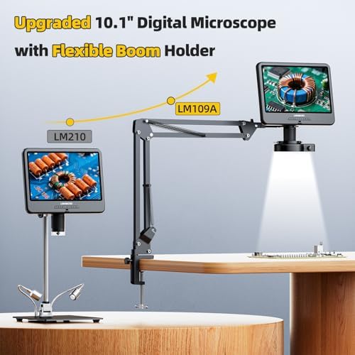 LINKMICRO LM109A 10.1'' LCD Digital Microscope with Screen for Adults, Soldering Electronics Microscope [Flex Arm Stand] 260X Full View Error Coins Camera Magnifier with 56 LED Ring Light, PC View