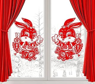 1 Pair 2023 Chinese Rabbit Window Stickers,Door Wall StickersChinese New Year Decoration Year of The Rabbit,Chinese Spring Festival Bunny Window Clings Decals PET Flocking Static Sticker