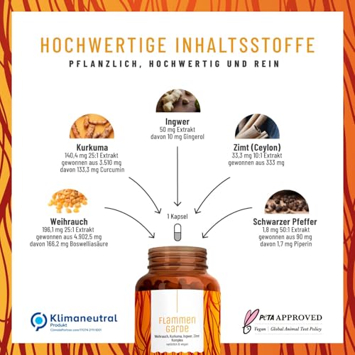 Weihrauch Kurkuma Ingwer Kapseln Hochdosiert - 196,1 mg Boswelliasäure, 133,3 mg Curcumin, Zimt, Gingerol & Piperin - Ohne chemische Entzündungshemmer oder Gelenkkapseln