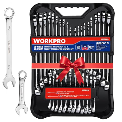 WORKPRO 32-Piece SAE & Metric Combination Wrenches Set, 20-Piece Standard wrenches and 12-Piece Stubby Wrenches with Organizer Tray, Cr-V Steel Mirror Chrome Polished
