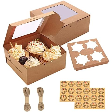 GUIFIER 24 Pack 4 Hole Cupcake Boxes with Window & Inserts, Brown Cupcake Containers 4 Holder, Cupcake Carrier Bakery Pastry Boxes 6x6x3 in, Cup Cake Box Cookie Treat Muffins Boxes (Twine, Stickers) Cover