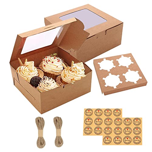 GUIFIER 24 Pack 4 Count Bakery Cupcake Boxes, Cookie Boxes with Window 6x6x3 Cake Boxes, Cupcake Carrier Bakery Take Out Containers, Brown Kraft Treat Boxes for Muffins Macaroon Donut Chocolate Bombs