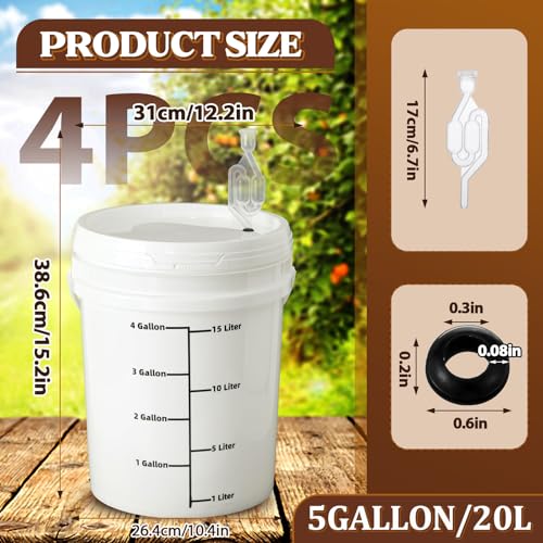 Image of Ziliny 4 Pcs White 5 Gallon Fermentation Bucket for Fermented Beverage