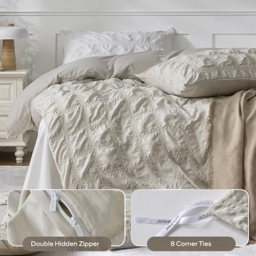 Image of JELLYMONI Seersucker Duvet Cover Set King, 3pcs Oatmeal-Grid Polyester | In Spacious Master, Couples & Pets, Crinkled Texture, Oeko-Tex Certified, 8 Corner Ties & Hidden Zipper