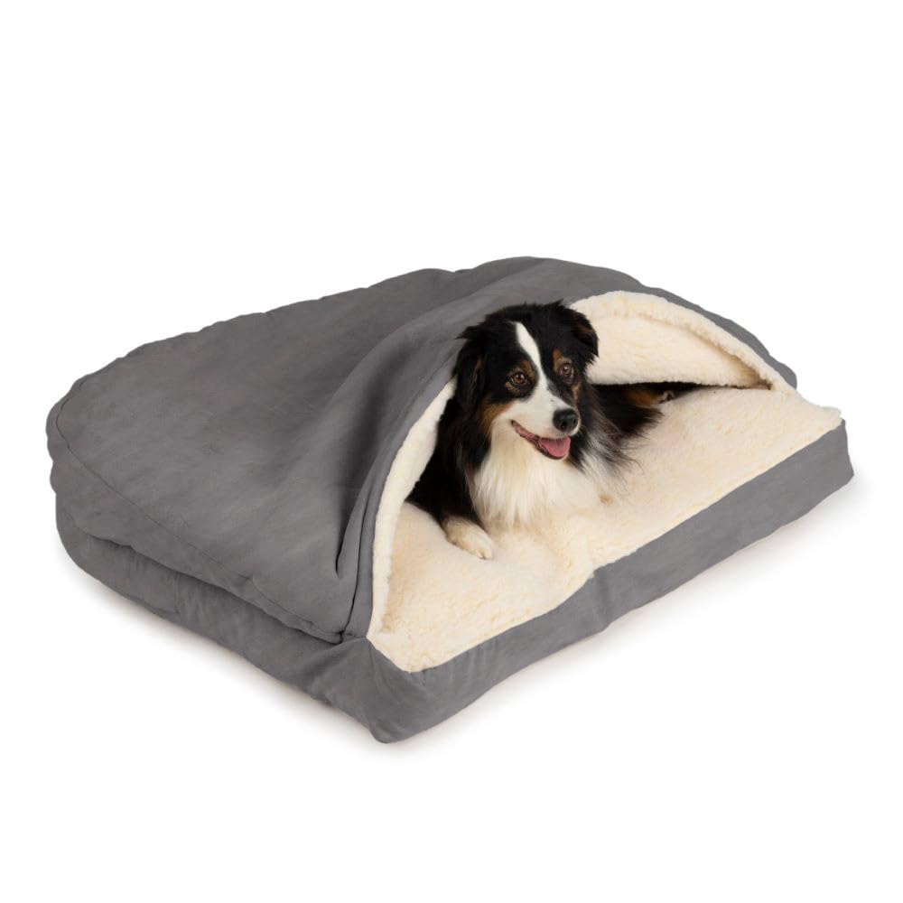 Rectangle Cozy Cave Dog Bed - Indoor Dog Bed with Cover Cave, Covered Calming Burrow for Medium & Large Sized Pets with Blanket Attached, Enclosed, Washable Cover - Large, Heather Gray