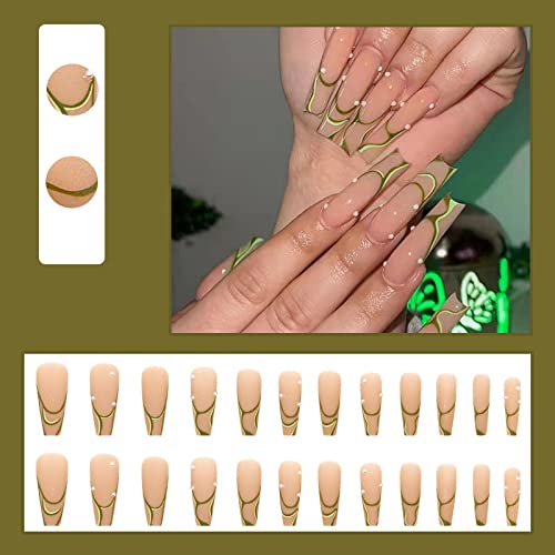 Misud Long Press On Nails Coffin Fake Nails Matte False Nails Ballerina Pearl Glue On Nails Green Line Acrylic Nails With Design Full Cover French Nails #TOP1
