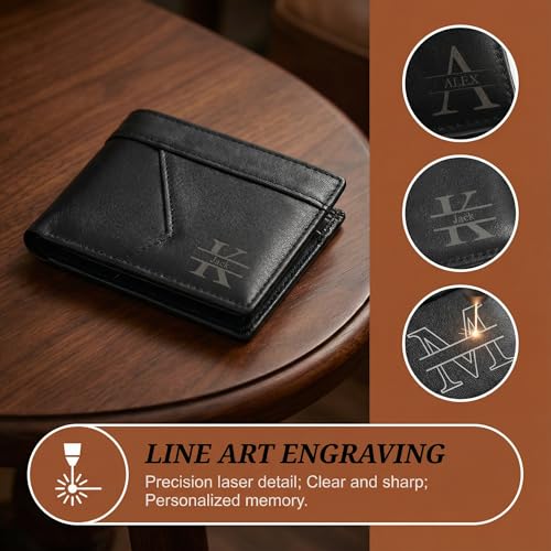 Image of Personalized Leather Wallet for Men, Engraved Wallet for Groomsmen Gifts, Best Man Gift, RFID Blocking Bifold Thin Wallet, Wedding Party & Birthday Gift for Dad Husband (Classic Black)