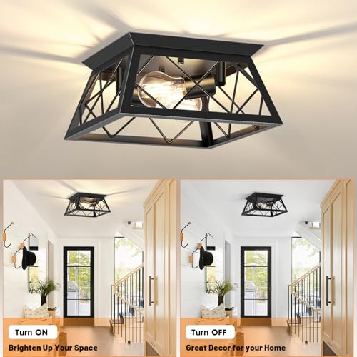 FadimiKoo 2-Light Black Flush Mount Ceiling Light Fixture, Industrial Hallway Light Fixtures Ceiling Mount for Farmhouse Kitchen, Square Cage Ceiling Lamp for Dining Room, Living Room, Entryway by FadimiKoo - Used condition - Image 4