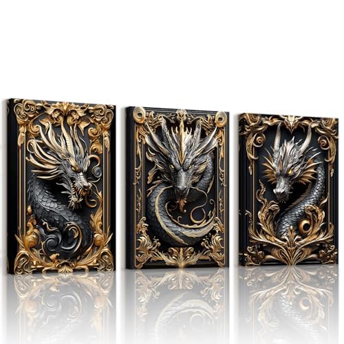 DFZEWKI Black Gold Carved Dragon Canvas Wall Art Prints Living Room Bedroom Home Wall Decor Wall Art Prints Ideal(20x30cm(8x12in) x3/No frame)