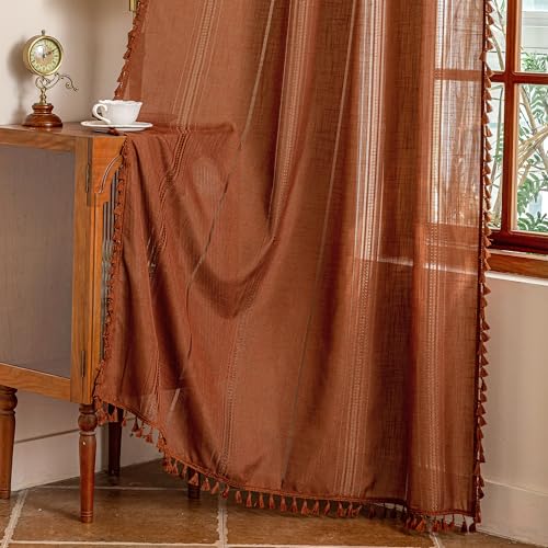 MYSKY HOME Bohemian Farmhouse Ceiling Curtains with Macrame for Living Room, Semi Sheers Light Filtering Privacy Protect Hollowed-Out Window Treatments Decor Back Tab, 50"×96", Terracotta, 2 Panels