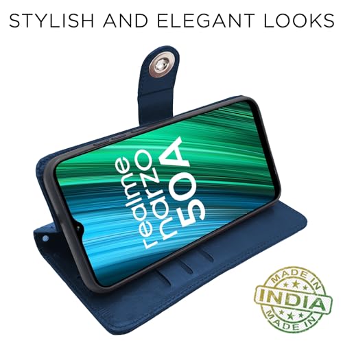 Image of Pikkme Realme Narzo 50A Flip Cover Leather Finish | Inside TPU with Card Pockets | Wallet Stand and Shock Proof | Complete Protection Button Flip Case (Blue)