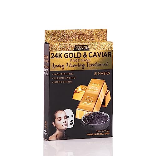 AZURE 24K Gold and Caviar Anti Aging Luxury Face Mask – Hydrating & Firming Facial Mask – Helps Reduce Wrinkles & Fine Lines – With Hyaluronic Acid & Collagen – Skin Care Made in Korea – 5 Pack