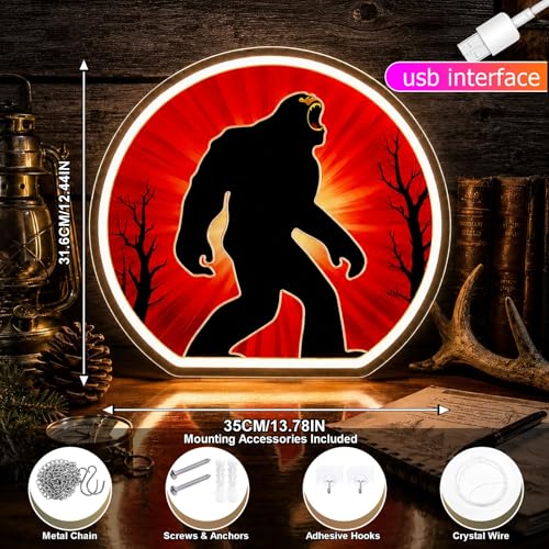 Image of Bigfoot Neon Sign, Dimmable LED Sasquatch Neon Lights for Wall Decor, Funny Bigfoot Gifts for Man Cave, Bar, Garage, USB Powered Neon Light for Bigfoot Lovers, UV Printed