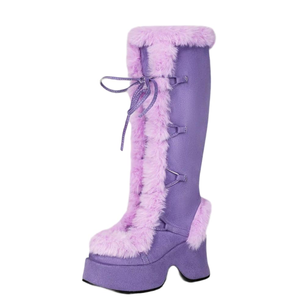 JJDFW Fluffy Warm Winter Long Boots For Women Snow Boot Faux Fur Lace-up Thick Platform Female Cosplay Christmas Shoes
