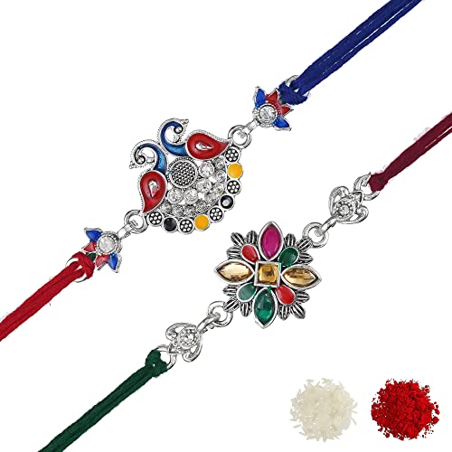Image of eCraftIndia Set of 2 Peacock Feather Floral Designer Rakhi for Brother Bhaiya Bhai Boys Kids | Roli Chawal Pack