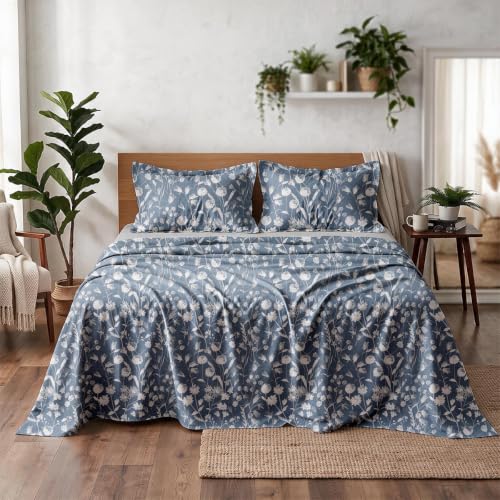 Image of Linen Home Cotton Percale Flat Bedsheet Set King Size Blossomy Blue