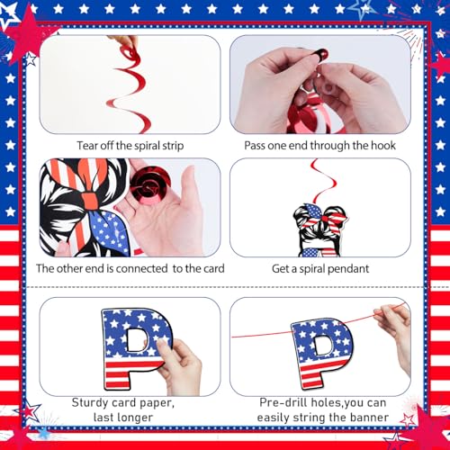 Image of 4th of July Patriotic Decorations Red White Blue Happy 4th of July Banner Independence Day Hanging Swirls Fourth of July Honeycomb Centerpieces for American Memorial Day Decor