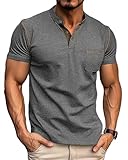 PRIVIMIX Tee Shirt Homme Manches Courtes avec Poche - Été Coton Henley Tshirt pour Travail et Sport, Gris, XL