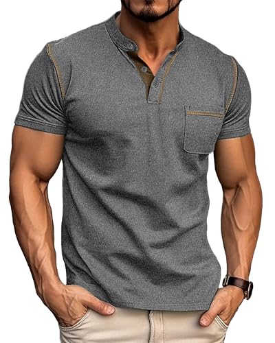 PRIVIMIX Tee Shirt Homme Manches Courtes avec Poche - Été Coton Henley Tshirt pour Travail et Sport, Gris, XL