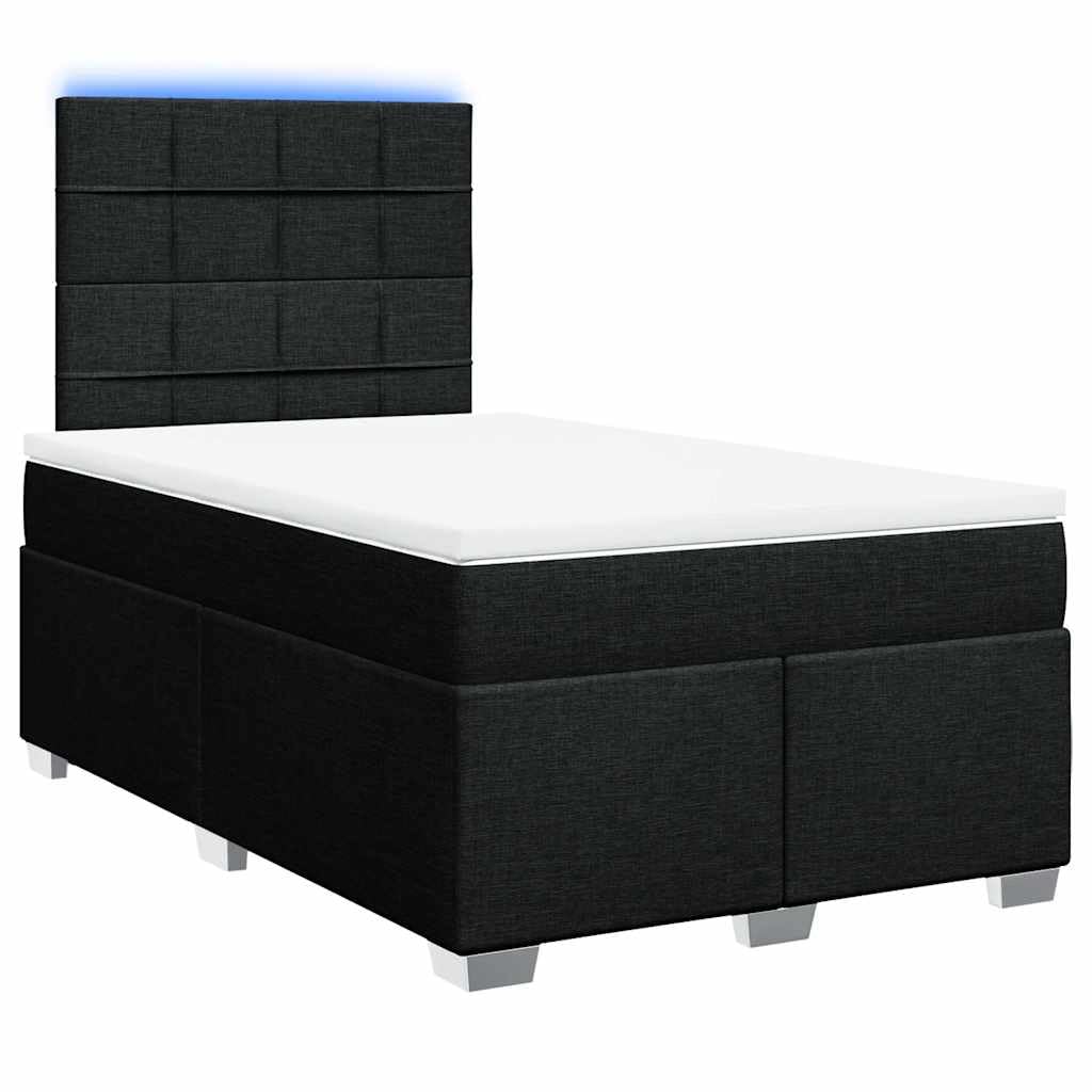 Poliester ze sprężynami kieszeniowymi z oświetleniem LED czarny 120x200 cm | Łóżko kontynentalne 120x200 z materacem kieszeniowym, czarne, tkanina poliestrowa, z LED i regulowanym zagłówkiem