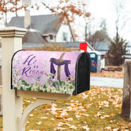 Image of He is Risen Mailbox Cover Magnetic, Easter Cross Lamb Mailbox Wrap 21x18 Inch, Spring Lily Flowers Standard Size Waterproof Letter Post Cover for Yard Garden Outdoor Outside Home Decor