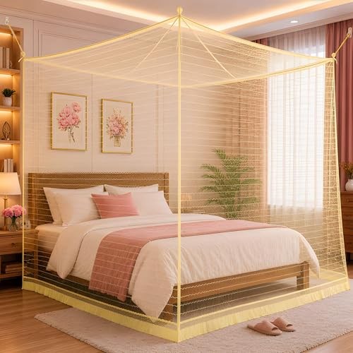Image of Mosquito Net for King Size Bed & Double Bed (6x7 ft, Wall /Hook Hanging) Poly-Cotton Blend Fabric with Zigzag Wave Line Pattern, Pre-Fitted Bottom & Cotton Ribbon (Honey Yellow)