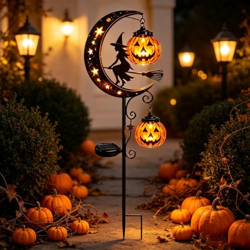 Solar Halloween Black Cat & Pumpkin Moon Garden Stake Light, Metal Crescent Moon & Pumpkin Lantern, Outdoor Waterproof LED Yard Decoration with Crescent Moon, for Patio Lawn Path Yard (E #) - image 4
