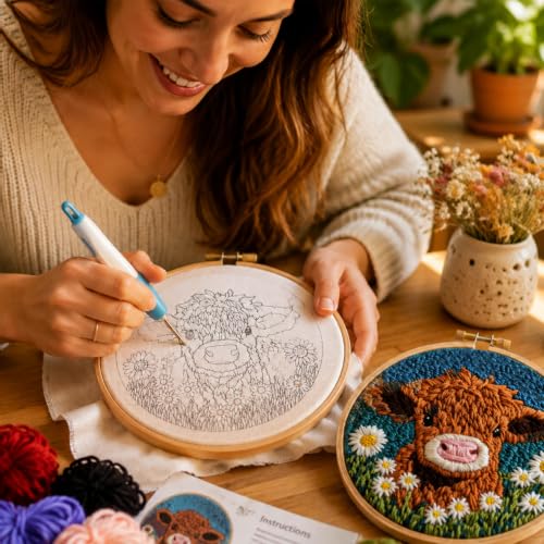 Punch Needle Set für Anfänger – Komplettes Stickset mit Kuh- und Gänseblümchen-Motiv – Bild 5